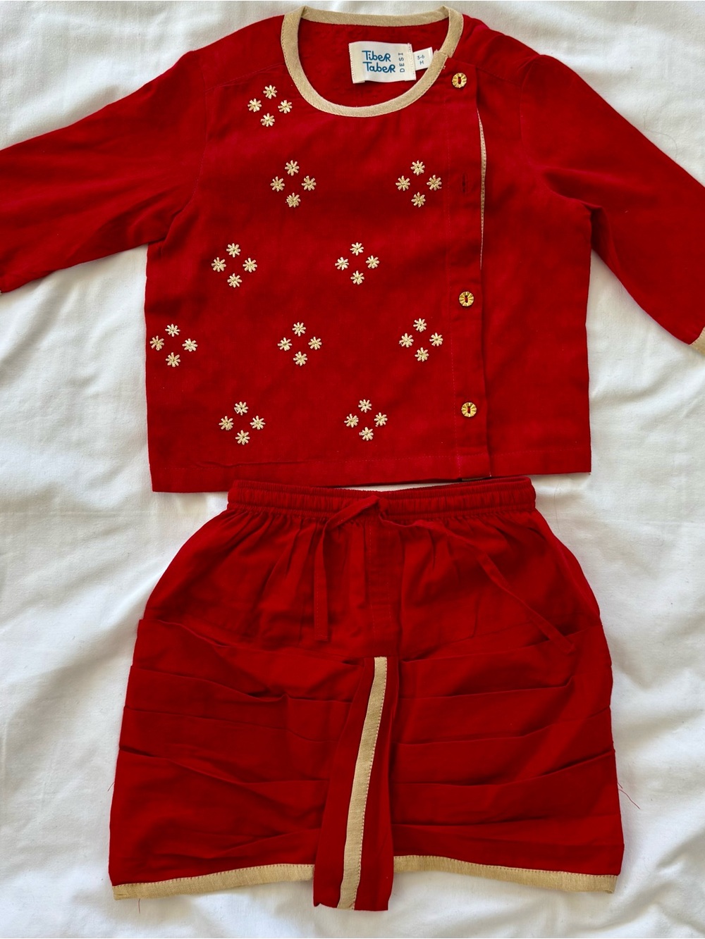 Red Kids Pajama Set with Gold Trim